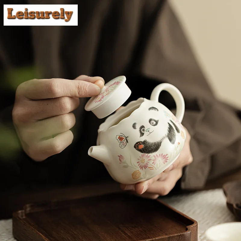 158ML Cream Ding Kiln Panda Play Butterfly Teapot Japanese Tea Infuser Pot Tea Soaking Kettle with Strainer Teaset Decoration