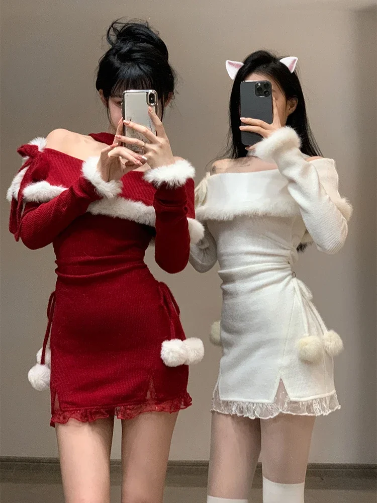 

2024 Winter Christmas Bodycon Knitted Mini Dress Women Casual Long Sleeve Sweet Elegant Even Party One Piece Dress Korean Fur