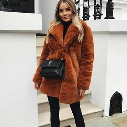 New Women Winter Warm Faux Fur Coat Thick Women Middle -Long Overcoat Turn Down Collar Plush Faux Rabbit Fur Jacket Warm Female