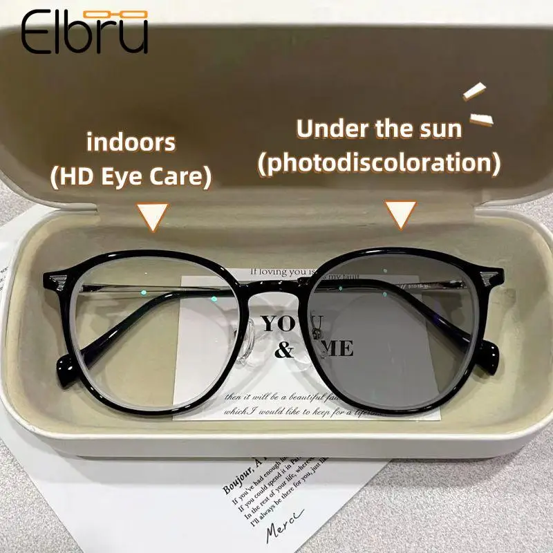 

Elbru Fashion Photochromic Myopia Glasses Women Men Discolored Nearsighted Optical Eyeglasses Round Anti Blue Light Eyewear 0-6