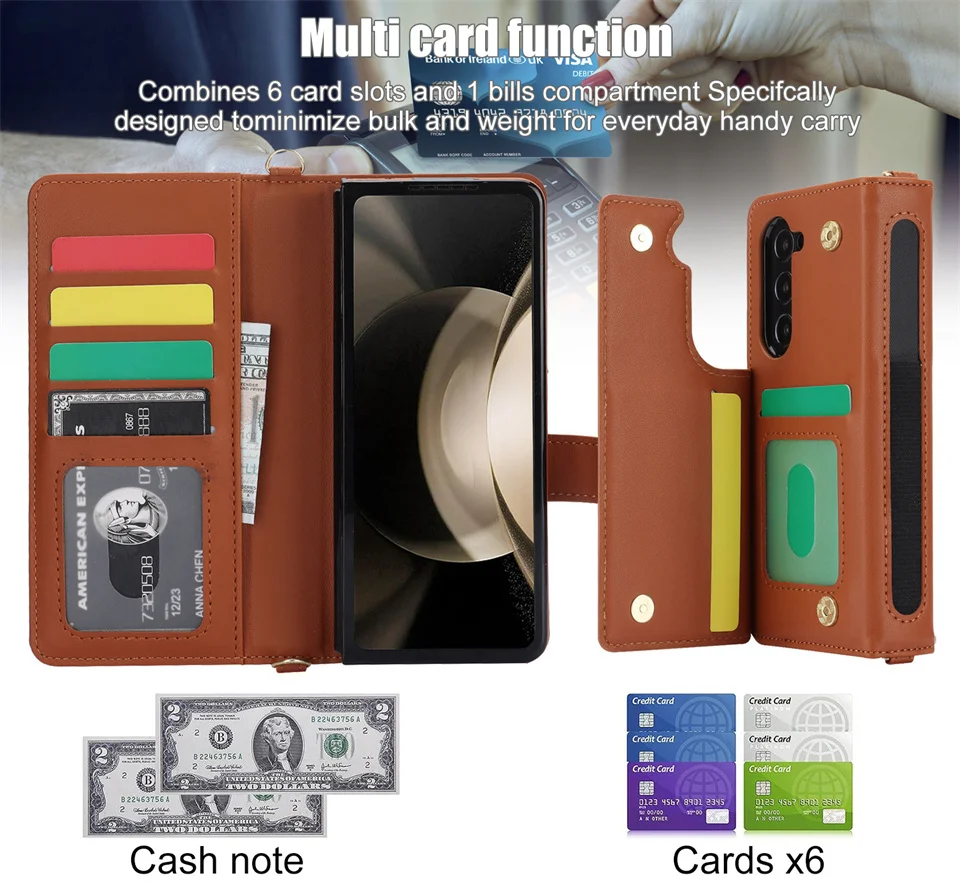 Long Lanyard Flip Leather Case for Samsung Galaxy Z Fold 5 4 3 5G Fold4 Fold5 Wallet Cards Solt Crossbody Strap Pen Holder Cover