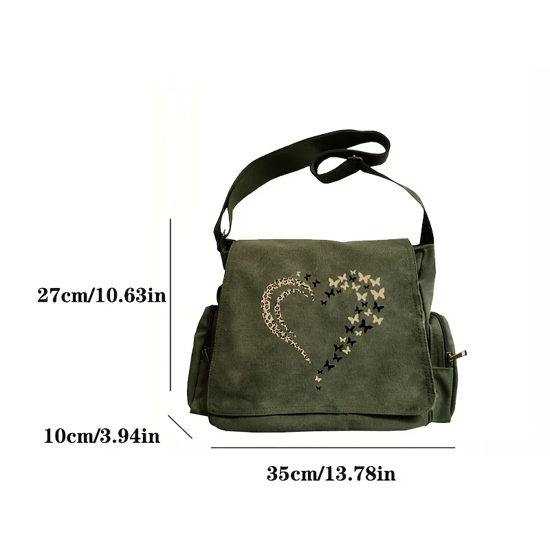 Vintage Heart-shaped Leopard Print Shoulder Bag For Women Multiple Pockets Canvas Crossbody Laptop Bag