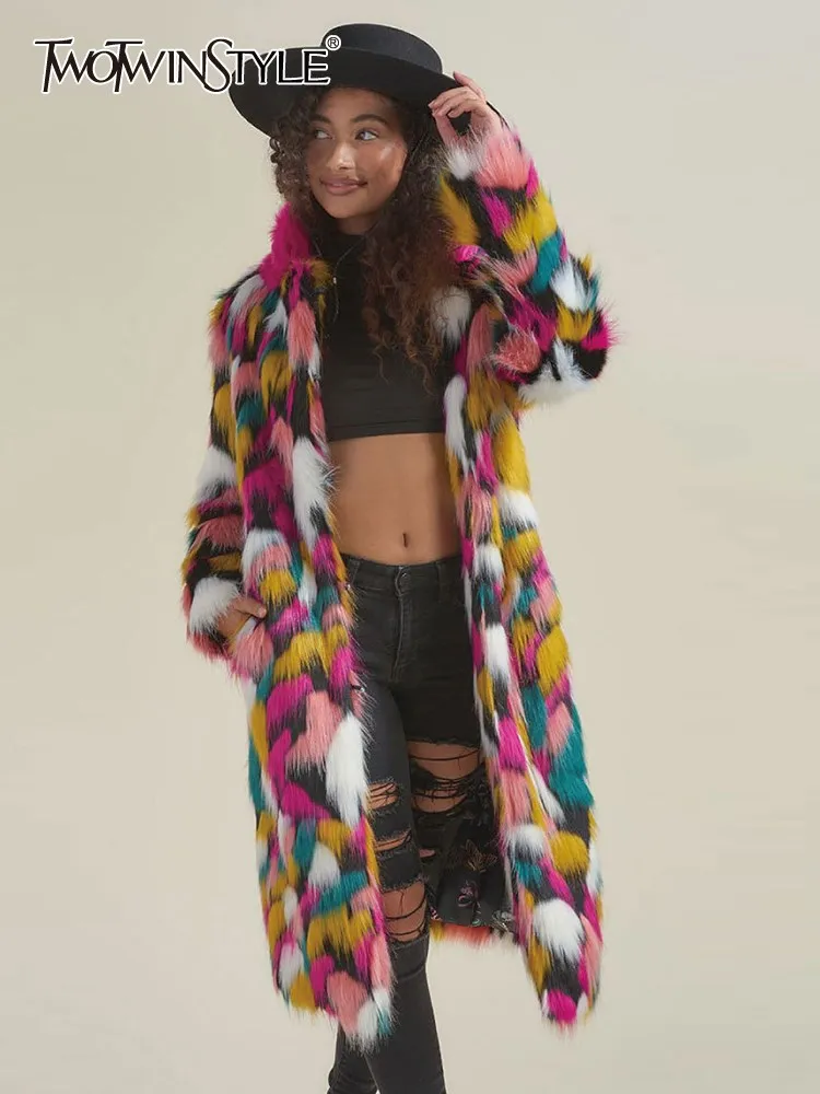 

TWOTWINSTYLE Long Length Fur Coat For Women Stand Collar Long Sleeve Colorblock Rainbow Color Winter Fashion Coat Female Fashion