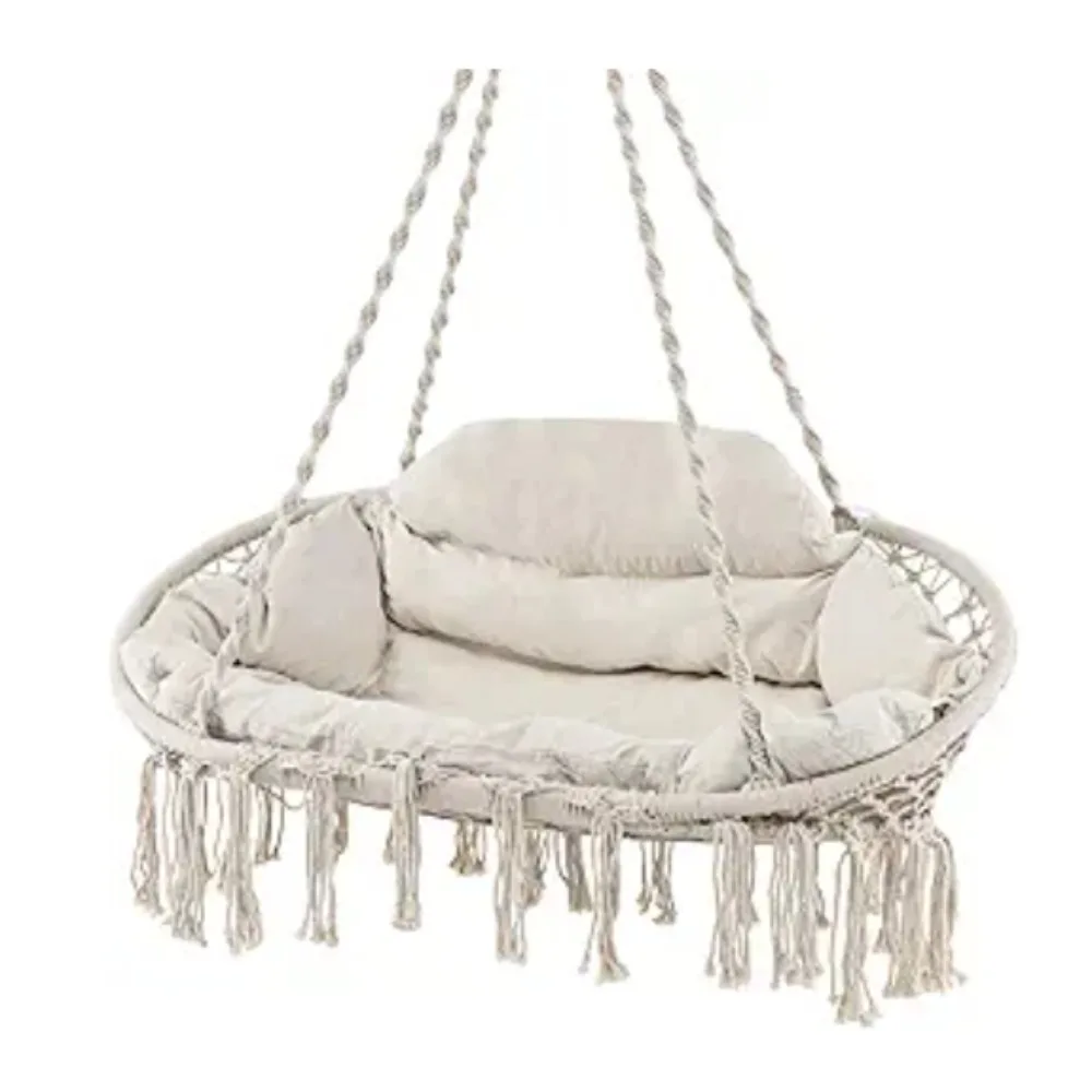 2-Person Hanging Hammock Chair, Boho Style Macrame Hammock Swing with Soft Cushions,  Indoor Outdoor Cotton Rope. 6