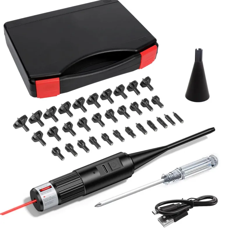 Rechargeable Laser Bore Sight Kit with Button Switch Red/Green Sighter with 32 Adapters for .17 .177 .22 to 12GA Calibers