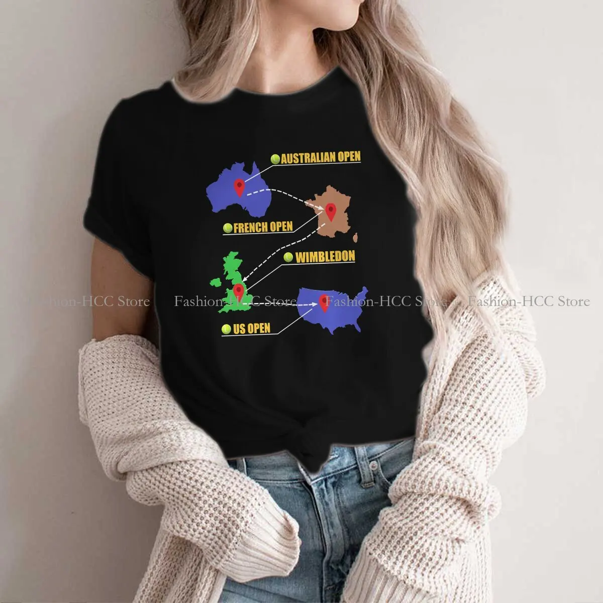 

Tennis Polyester TShirt for Women The Grand Slam Tournaments Mapping Humor Leisure Sweatshirts T Shirt Novelty Trendy