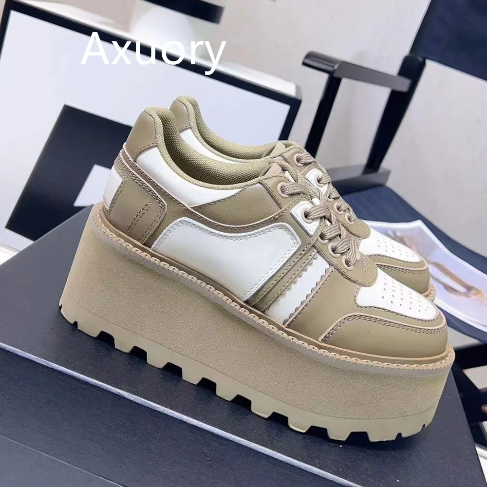 2023 Autumn Women's Thick heeled sneakers Mixed Color Lace-up Genuine Leather High Quality Lovely Style