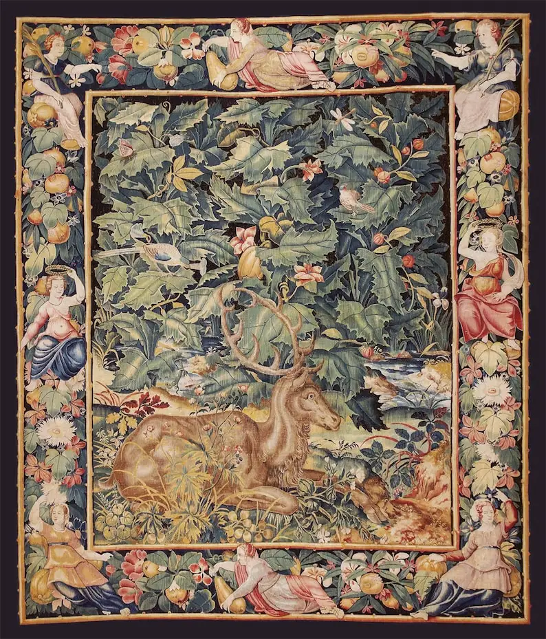 The Stag-Feuilles De Choux Stag 16th Century Tapestry Printed tapestry decorations