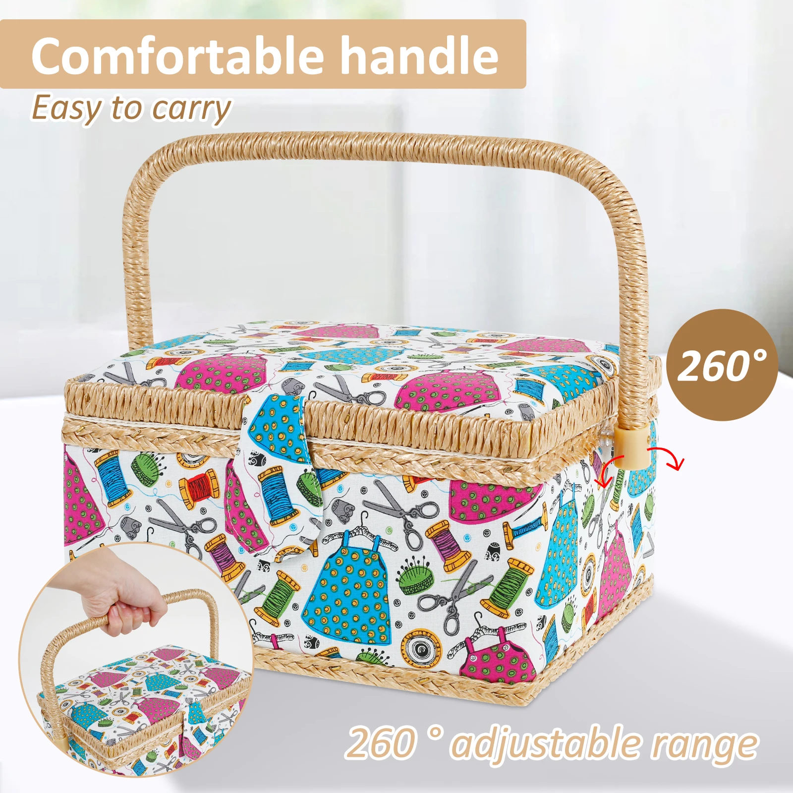 Sewing Basket with Removable Tray Practical Sewing Basket Organizer with Interior Pocket Portable Storage Box Stylish