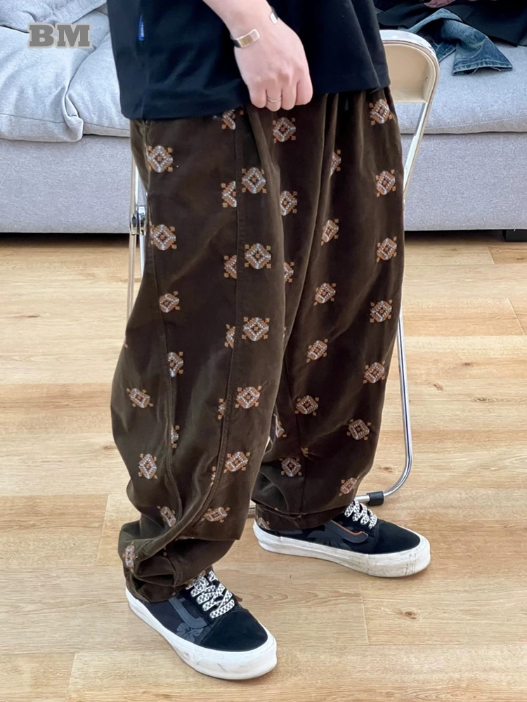 

Korean Fashion Geometric Embroidery Baggy Pants Men Clothing Streetwear Hip Hop Corduroy Harem Pants Kpop Skateboard Trousers