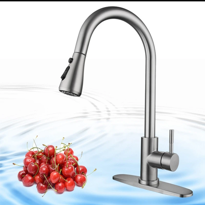 Stainless Steel Pullable Flexible Faucet Cold Hot Water Kitchen Sink Tap Ceramic Cartridge Deck Mounted Bibcock Home Hardwre