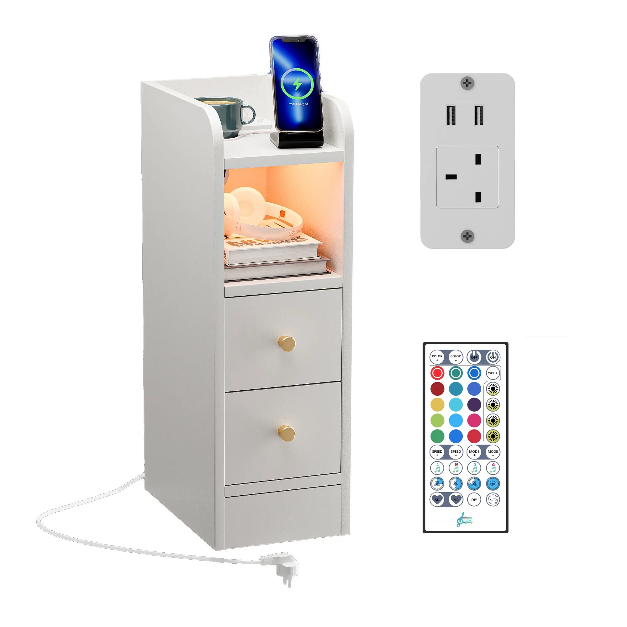 Wooden Slim Nightstand with Charging (1AC/2USB)/ 2 Drawers/ 0.24m Light Strip/Sofa Bedside Table for Bedroom Living Room UK Plug