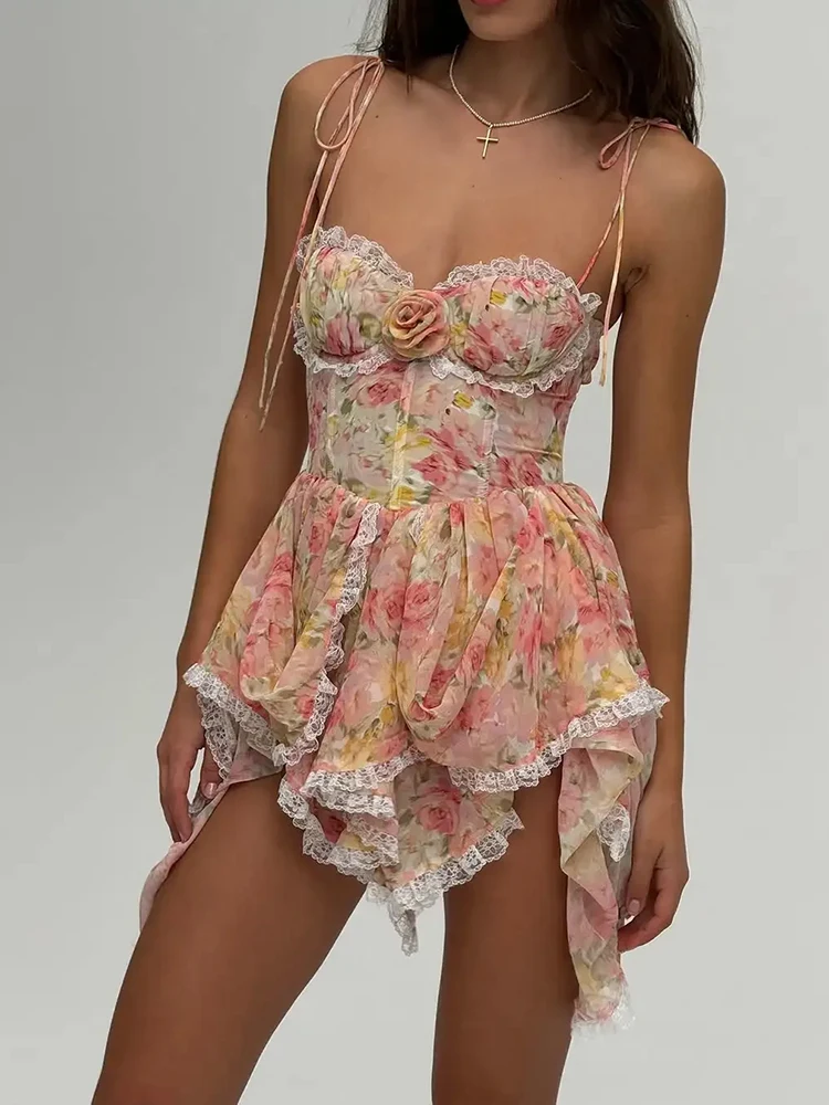 Women's Sexy Floral Print Sling Mini Dress Sleeveless Lace-Up Slim A-Line Summer Solid Color Dress Chic Vacation Gown 1