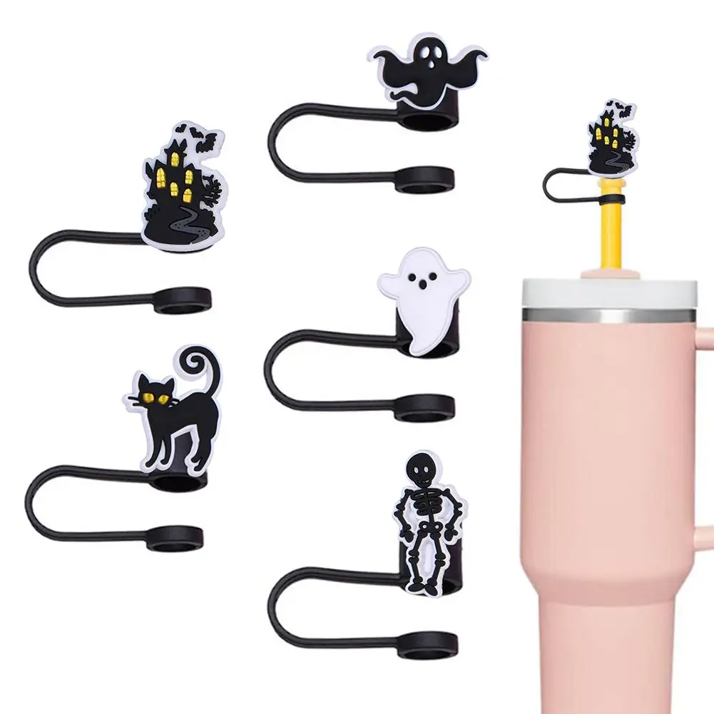 

Halloween Straw Silicone Stoppers Cartoon Ghost Skull Reusable Straw Covers Splash Resistant Drinking Straw Caps For Party Q9B0