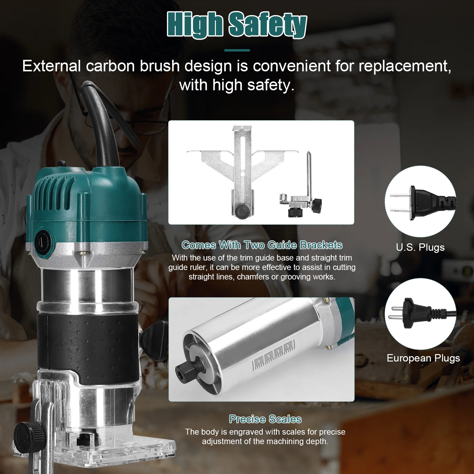 Wood Router Electric Trimmer Wood Milling Trimming Engraving Slotting Machine Versatile Woodworking Power Tool with Milling Cutters