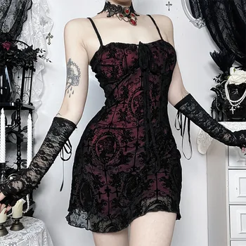 Elegante Mini Abito Gotico da Donna, Sexy Streetwear, Estetica Fairy Grunge, Motivo a Croce, Spalline Sottili, Abito da Festa Femminile