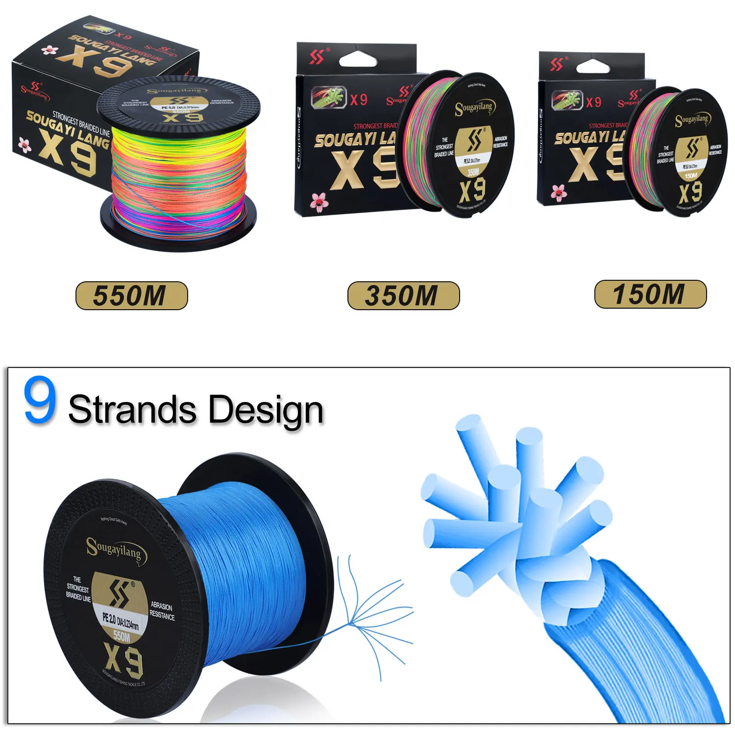 Sougayilang Fishing Line X9 150m 350m 550m 5 Color 17-90LB PE Braided  Fishing Wire Multifilament Super Strong Fishing Line Pesca