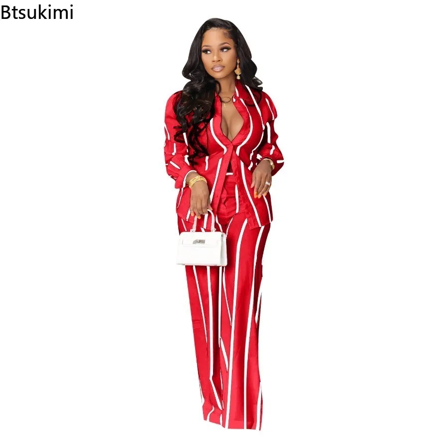 2024 Women's 2 Pieces Sets Striped Print Casual Pants Set Female Clothes Sets Long Sleeve Casual Shirts and Straight Pants Set