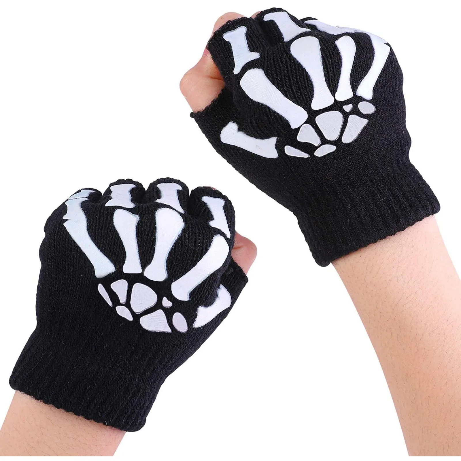 1/2/5 Pairs Halloween Skeleton Skull Luminous Gloves For Kids Punk Style Half Finger Gloves Dark In Warm Mittens перчатки