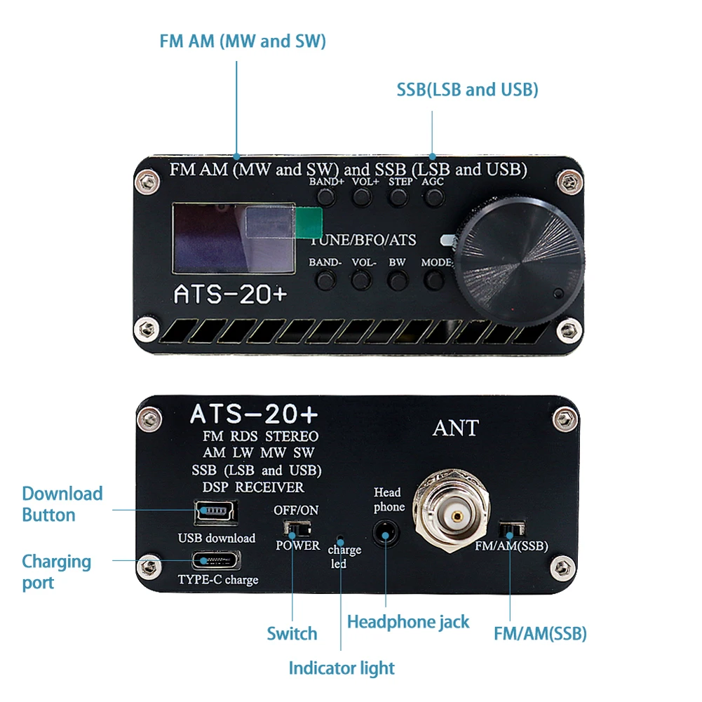 ATS-20+ Si4732 풀 밴드 DSP 라디오 수신기 SSB/FM/AM/LW/SW 디지털 라디오 수신기 휴대용 단파 SDR 튜너 안테나/Type-C