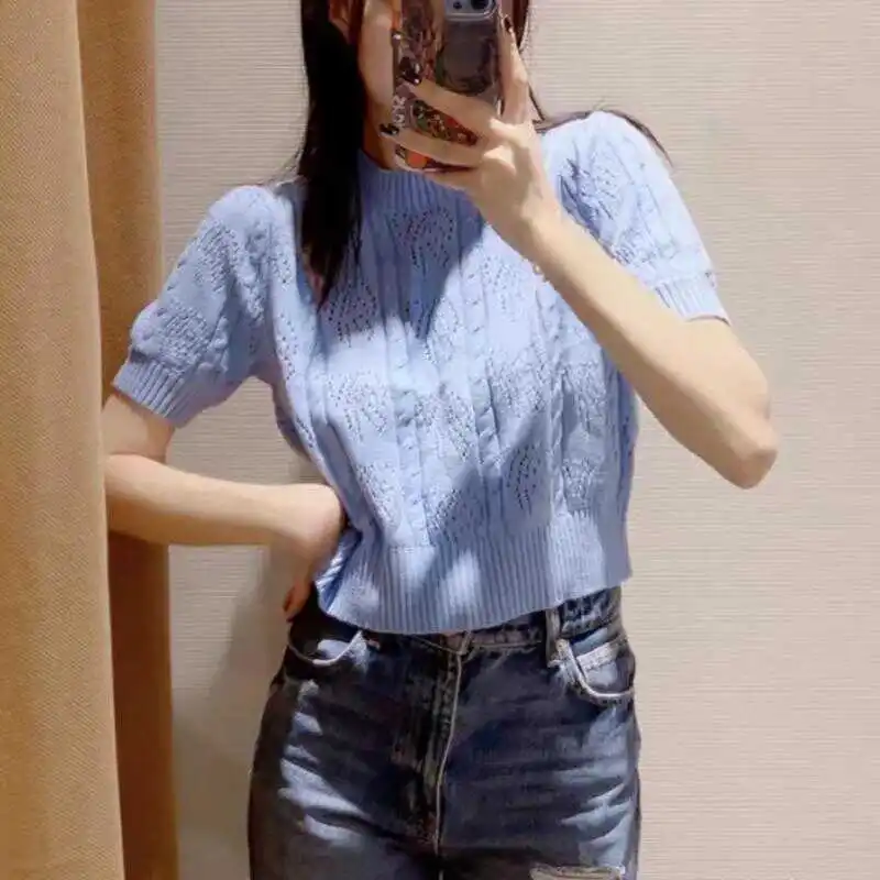 아메리칸 스타일 빈티지 섹시한 여성 니트 반팔 티셔츠 여름 인 디자인 감각 폴로 넥 슬림 피트 크롭 탑 