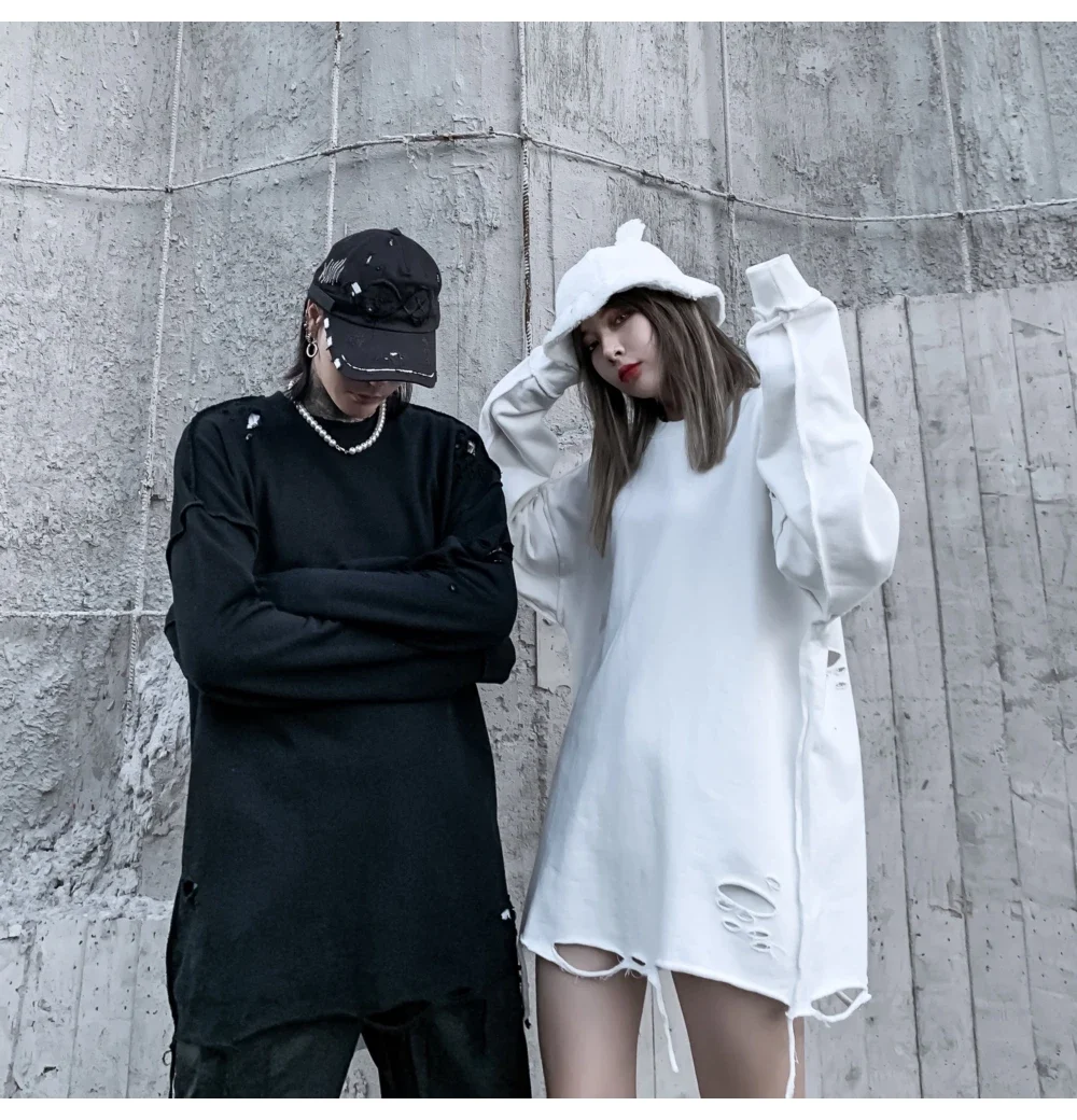 Camisolas rasgadas de manga comprida para homens e mulheres, pulôveres de ombro, streetwear com buracos rasgados, roupas grunge, sloth tops, primavera