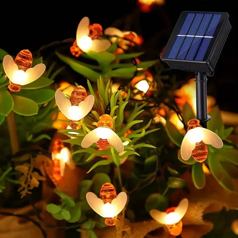 Solar-Powered Honey Bee String Lights - 8 Mode LED Decorative Garden Garland for Holidays and Weddings