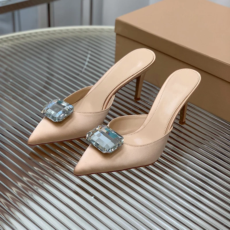 

New Future-Proof Female Slippers Summer Crystal Decor Satin Material High Heel Slippers Temperament Pointed Toe Women's Pumps