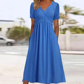 2025 Summer Solid Color Dress Fashionable And Casual V-neck Short Sleeved Mid To Long Length Dress Women's Clothing 1