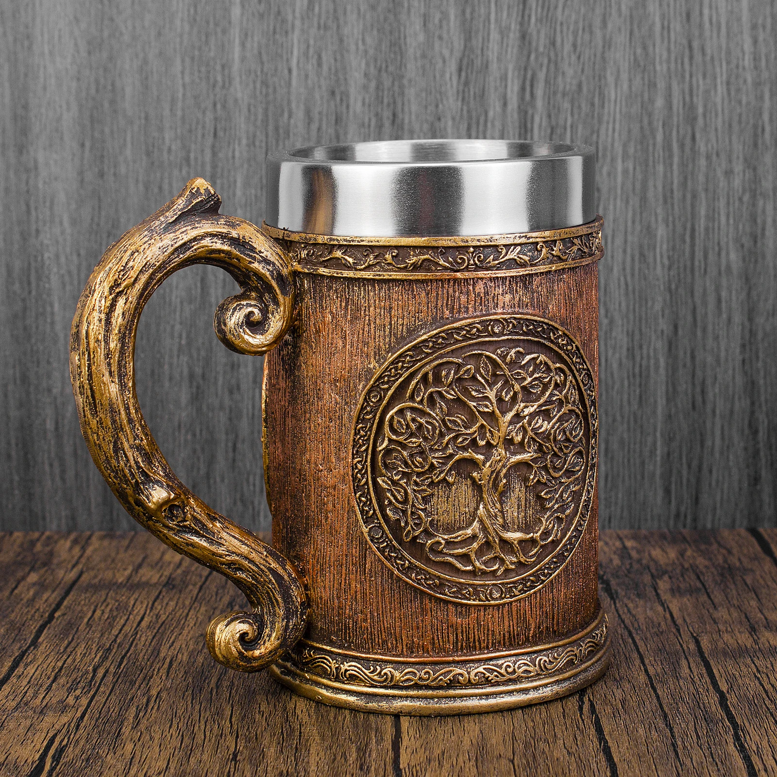 3D Tree of Life Viking Cup Norse Mythology Oak Barrel Resin Stainless Steel Beer Stein Viking