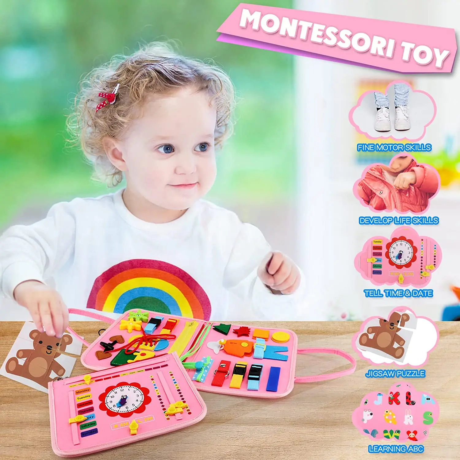 Montessori Busy Board Felt Sensory Board educational toys interactive game toy for Toddlers Educational Activity Developing Basic Dress Fine Motor Skills Travel Toys