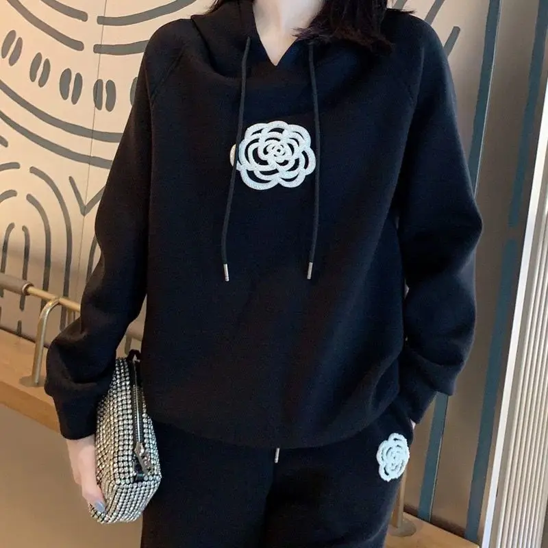 Autumn and Winter New Versatile Fashion and Casual Temperament Reduced Age Loose Hooded Sweater Two Piece Set for Women