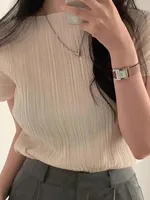 Faionable round Ne ort Sve Base irt Women's Chic Early Spring 2025 New Sle Agel Slimming High-End Feeling T-s...