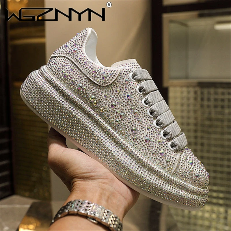 Zapatillas de deporte informales con purpurina para mujer, zapatos con cordones incrustados, Suela blanca, brillantes|Zapatos vulcanizados de - AliExpress