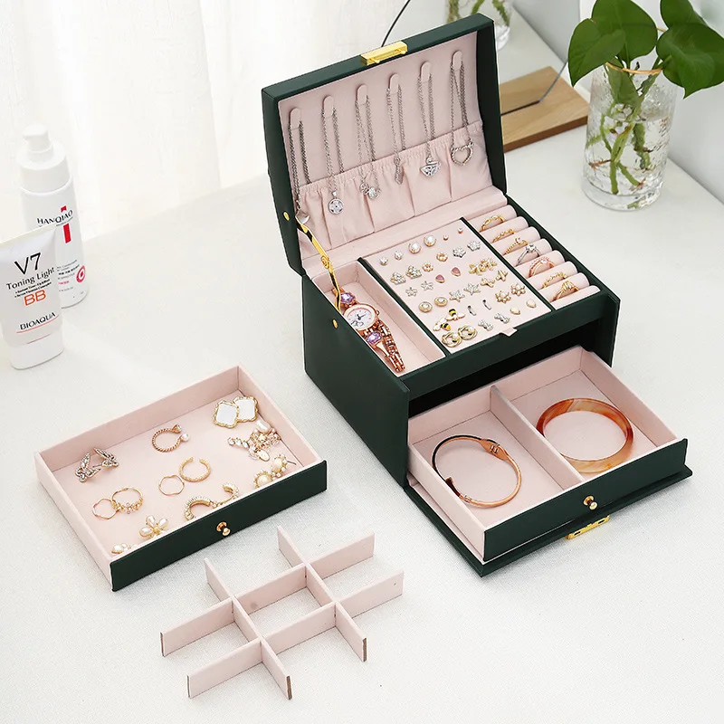 Drawer Style Jewelry Box Organizer Multi-Functional Three Layer Leather Earrings Ring Necklace Jewelry Display Storage Box