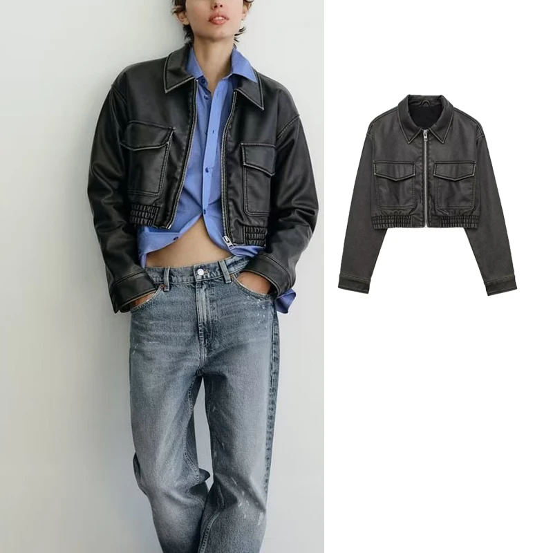 

TRAF 2023 Faux Leather Cropped Jacket Women Zip Oversize Jacket Woman Long Sleeve Casual Jackets for Women Streetwear Coats