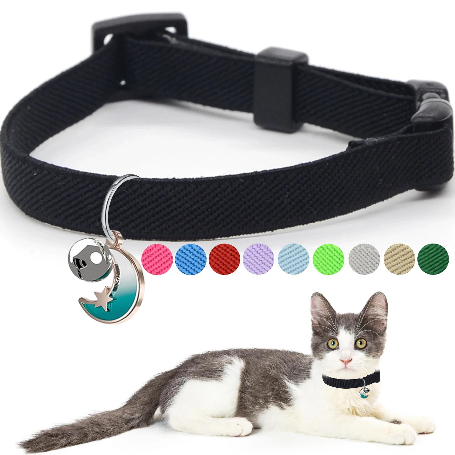 Fashion Cat Collar - Elastic Pet Collar with Safety Buckle , Moon & Bell- Lightweight for Kitten All Small Large Cats Puppy Fashion Cat Collar - Elastic Pet Collar with Safety Buckle , Moon & Bell- Lightweight for Kitten All Small Large Cats Puppy