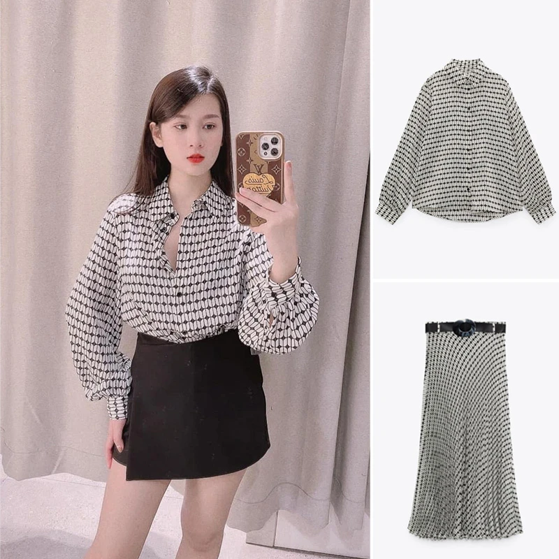 

2022 Women's autumn new style Lapel Long Sleeve Loose Print Single-breasted Shirt High Waist Pleated Skirt Casual Suit