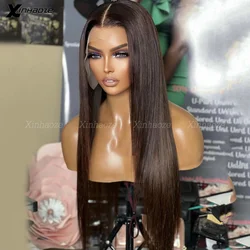 2# Dark Brown Straight Silk Base Lace Front Wigs Human Hair Wigs Pre Plucked 180 Density Bone Straight 13x6 Lace Frontal Wigs