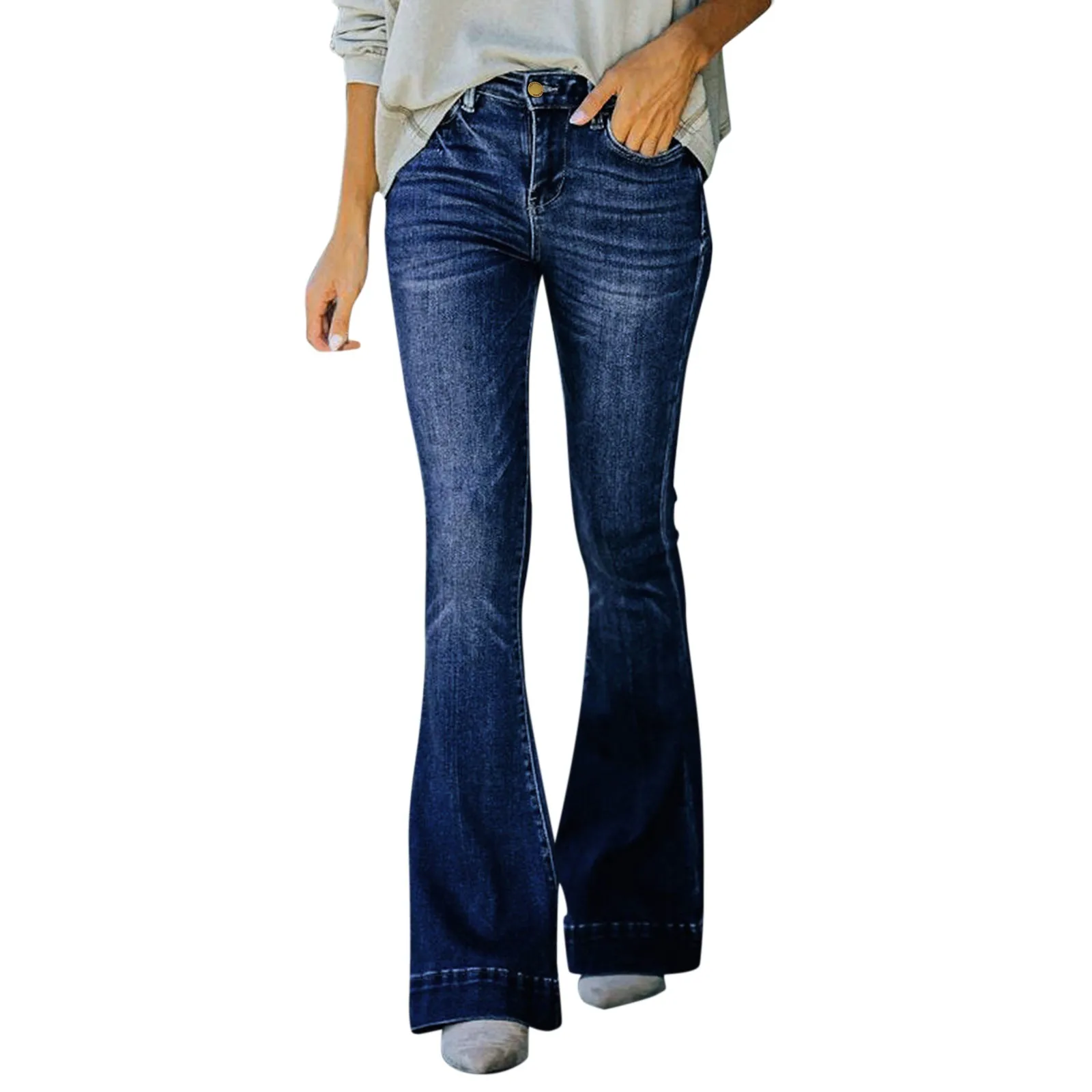 New Fashion Flare Jeans Women Vintage Denim Pants Ladies Casual High Waist Stretch Pocket Trousers Wide Leg Jeans buckle jeans