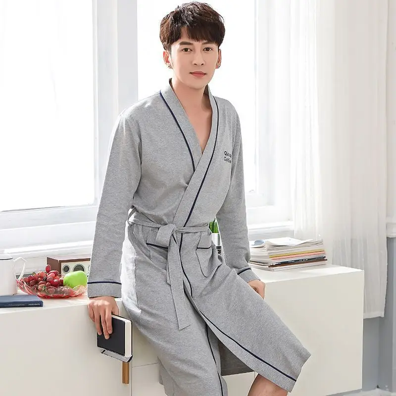 Spring Autumn Men's 100% Pure Cotton Nightgown Sexy Mid length Bathrobe Summer Oversized Comfortable Home Clothing