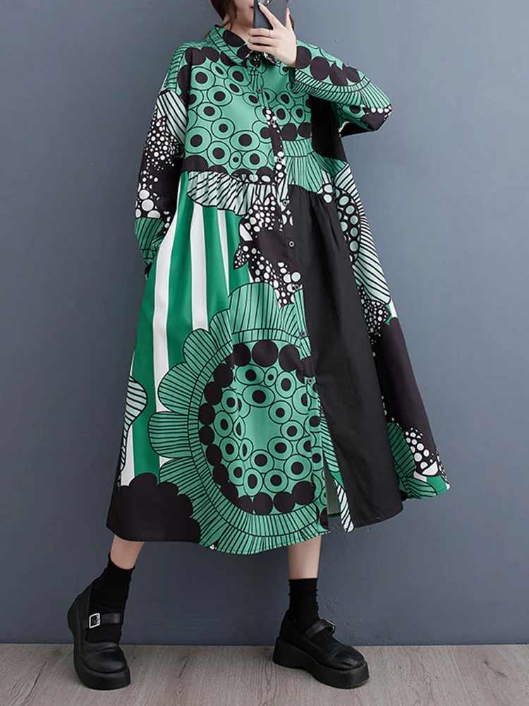 Long Sleeve Vintage Pattern Print Shirt Dresses For Women New Loose Casual Midi Dress Fashion Elegant Clothes Spring Autumn 2025