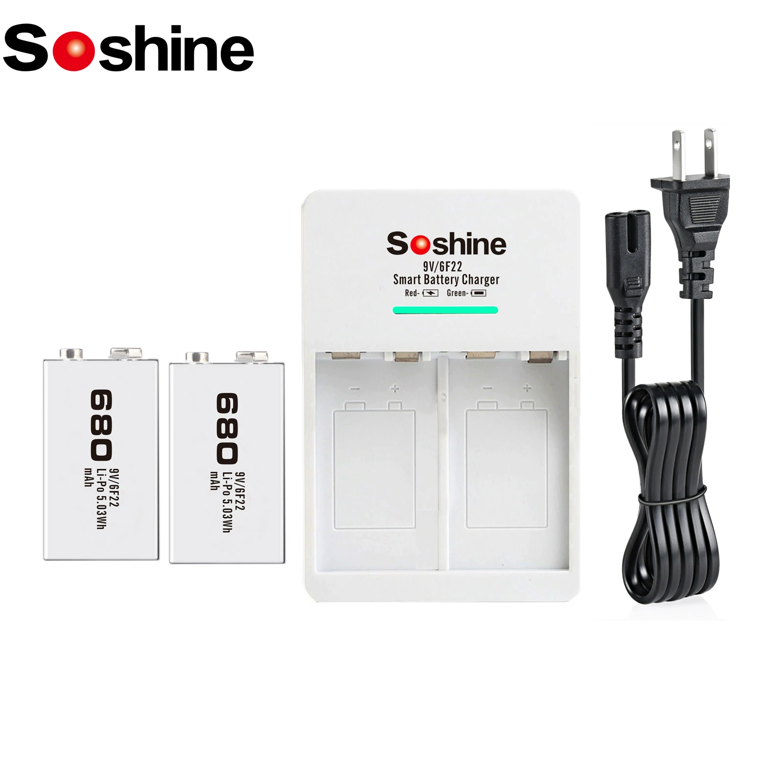 

Аккумуляторная батарея Soshine 2PC 6F22 9V 680mAh и 2 слота Smart Charger со светодиодной подсветкой 6F22 9-вольтовые батареи для металлоискателя