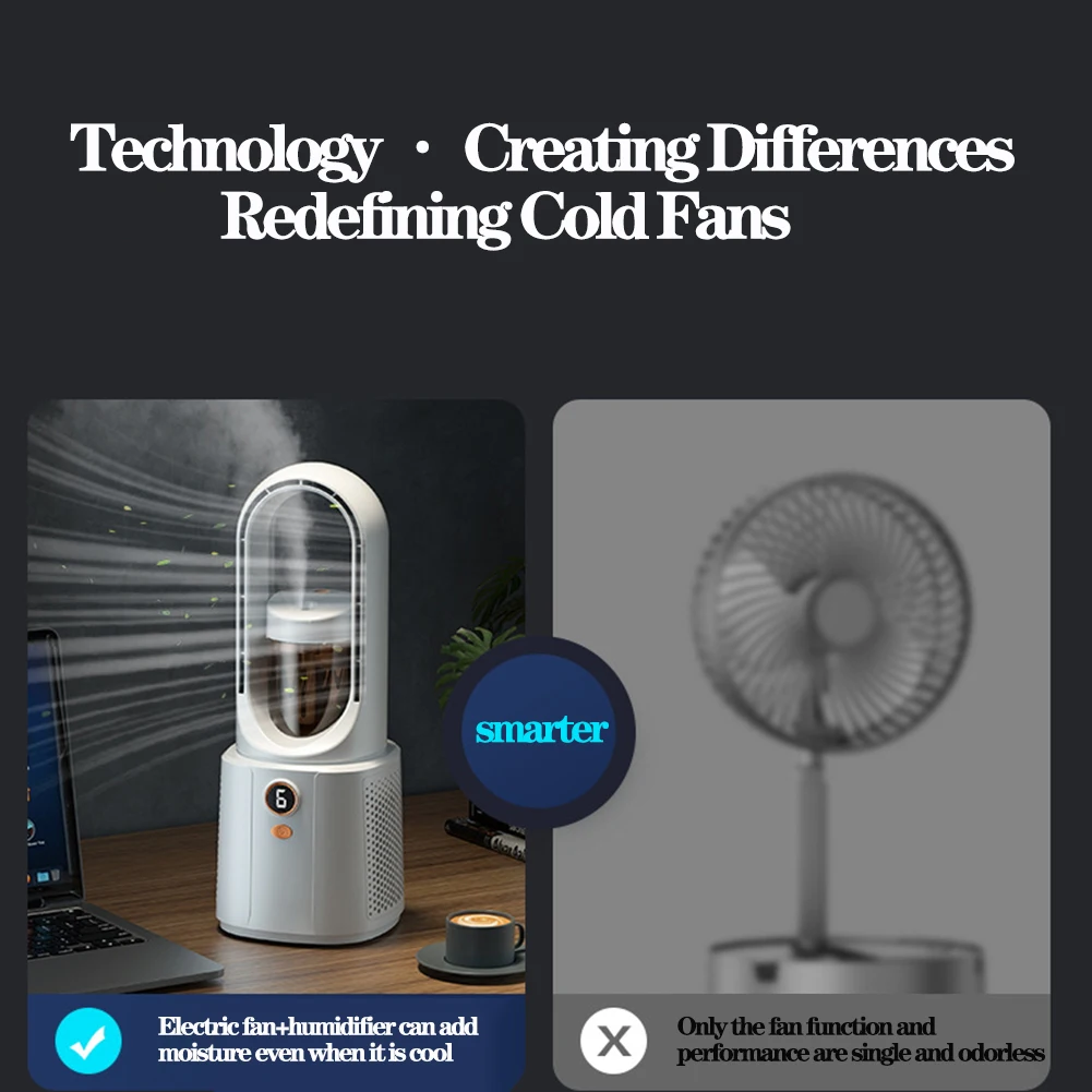 Bladeless Desk Fan with Humidifier,6 Speeds,USB Rechargeable,Summer Portable Air Conditioner,Quiet for Baby Sleep Bedroom Cooler