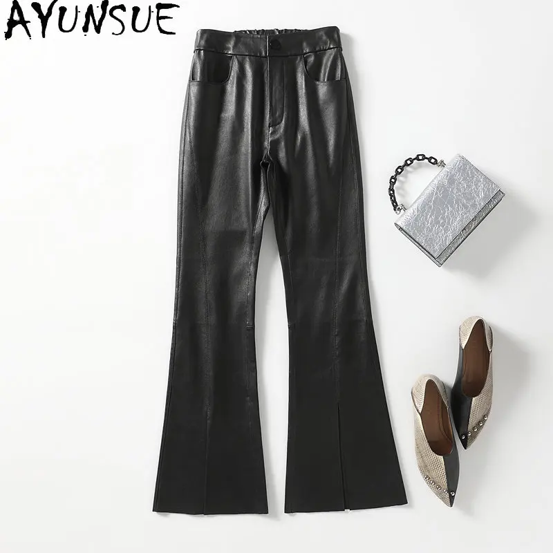 

AYUNSUE Real Sheepskin Flare Pants Women Elegant Genuine Leather Pants Women Black Pants Trousers Full Length Streetwear Women