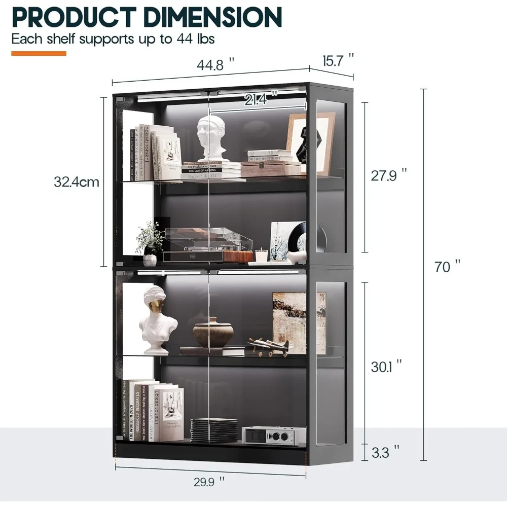 rgb display cabinet with adjustable glass shelves, 4-tier storage case with led lights & press-to-open doors, modern display sh