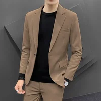 Casual Tailored Men's Brown Suit Jacket Trendy Slim Fit Korean Style Spring Autumn Fashionable Regular Length Outerwear