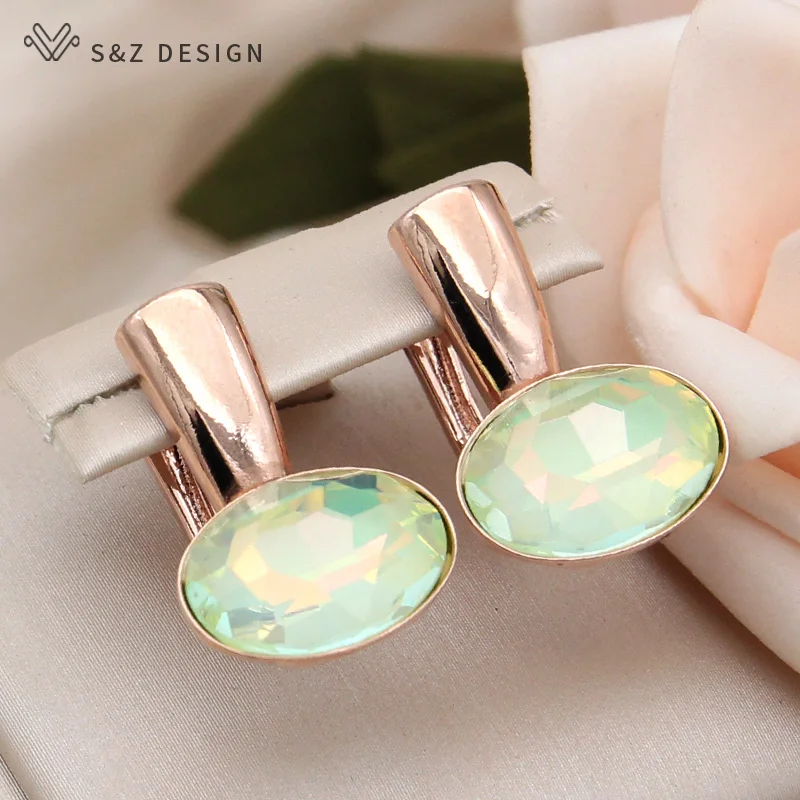 S&Z DESIGN New Fashion Egg Shape Oval Crystal Drop Earrings For Women Wedding Jewelry 585 Rose Gold Color Smooth Metal Eardrop