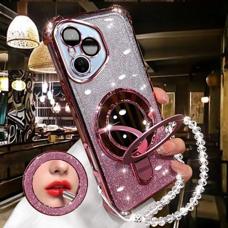 Glitter Plating Mirror Phone Case with Magnetic Holder and Bracelet Cover