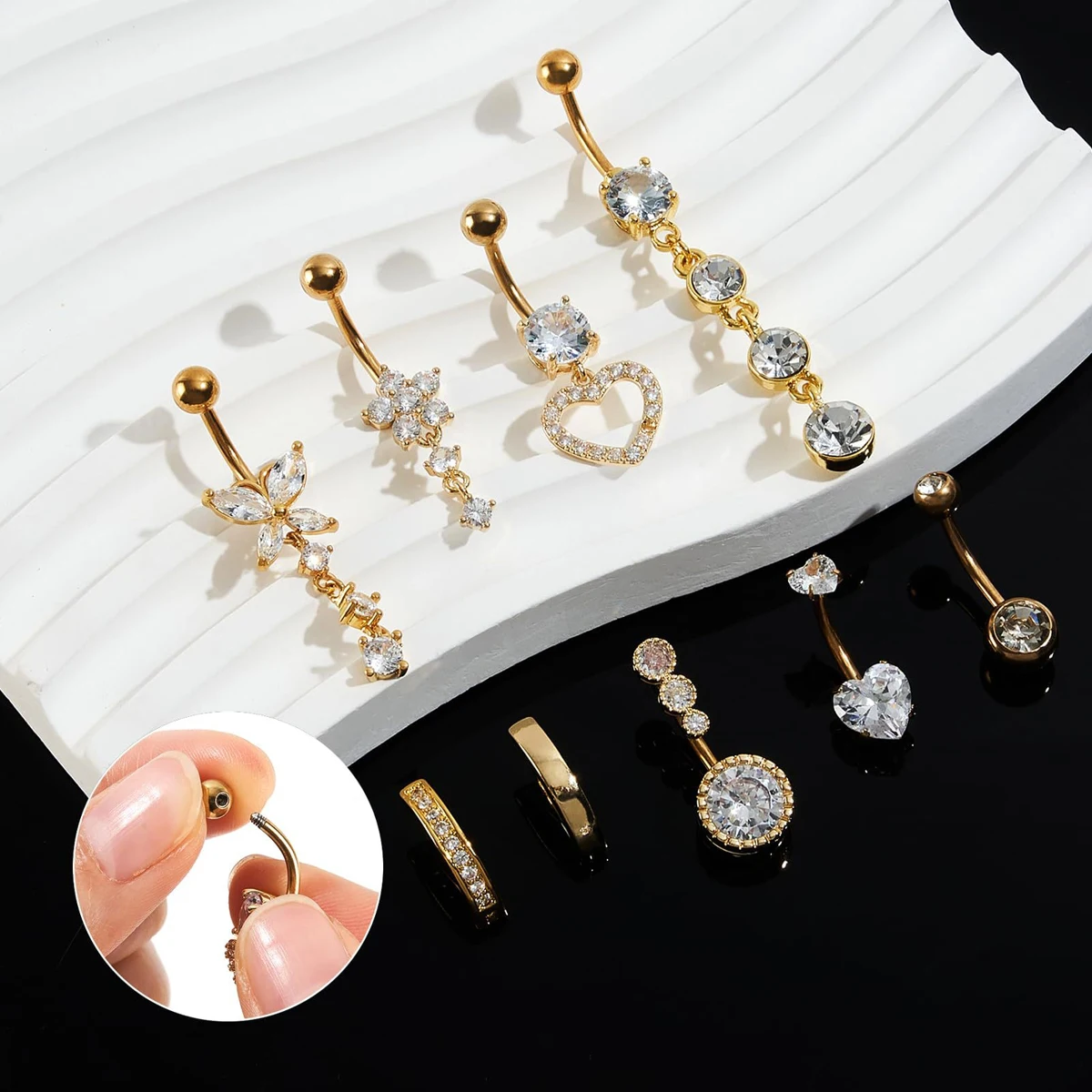 9PCS Belly Button Ring Dangle Stainless Steel Belly Rings Delicate Piercing Sexy Navel Nail for Women Shiny Zircon Body Jewelry